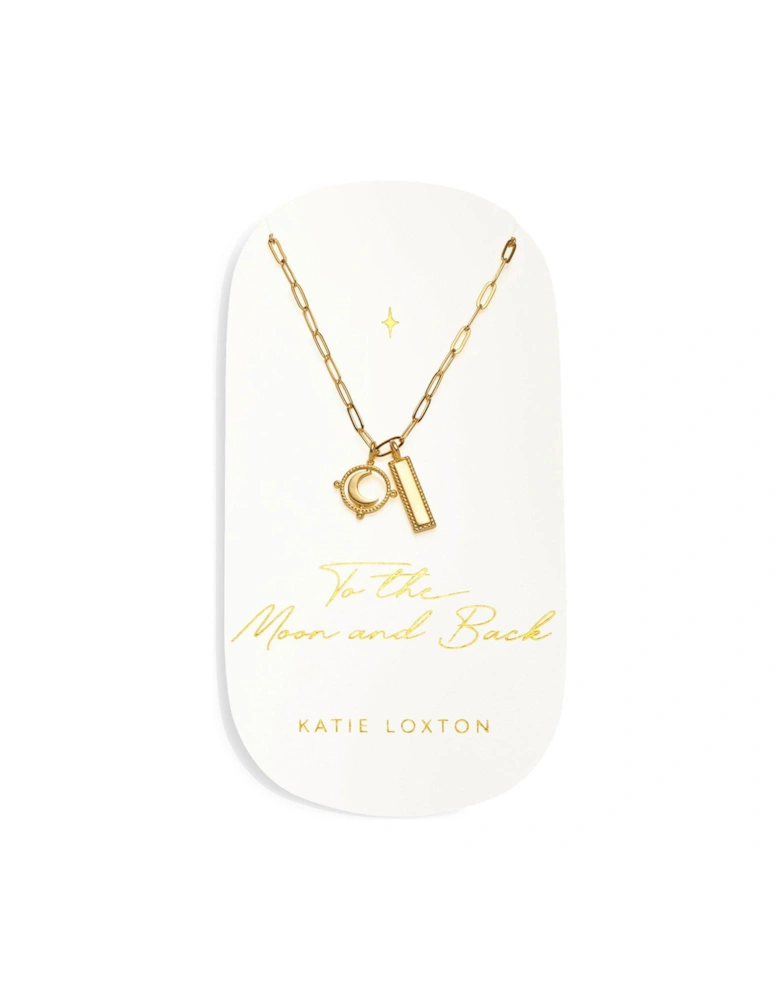 CARDED CHARM NECKLACE , TO THE MOON & BACK , Gold Plated , Necklace , 18cm + 3cm extender