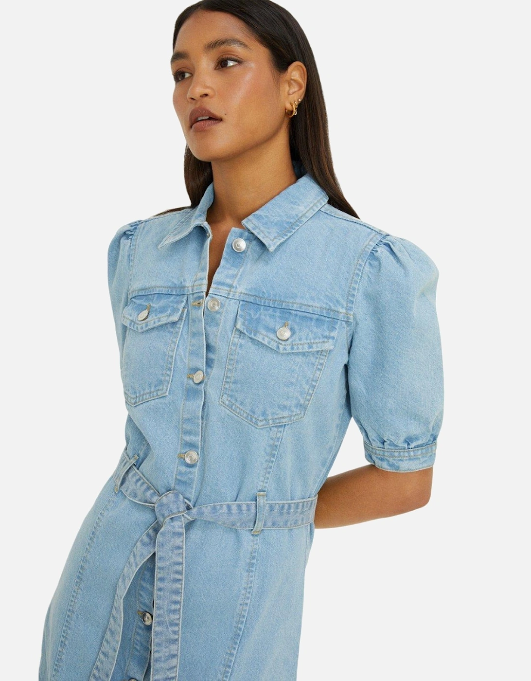 Womens/Ladies Denim Belt Midi Shirt Dress