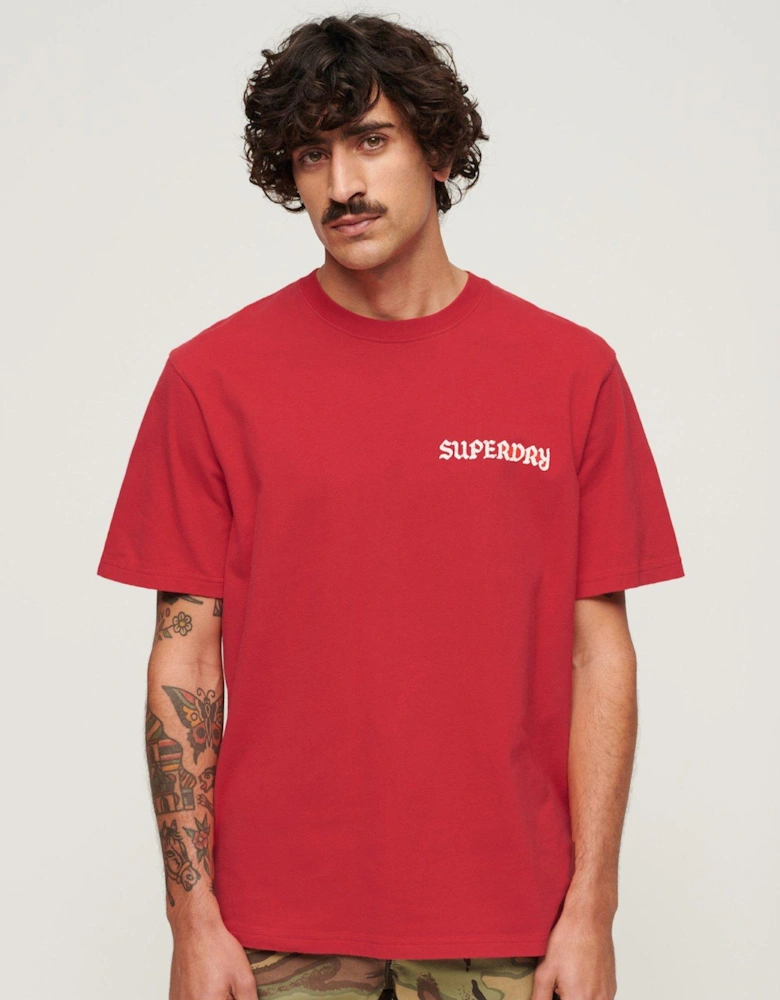 Skull Tattoo Graphic Backhit Loose Fit T-shirt - Red