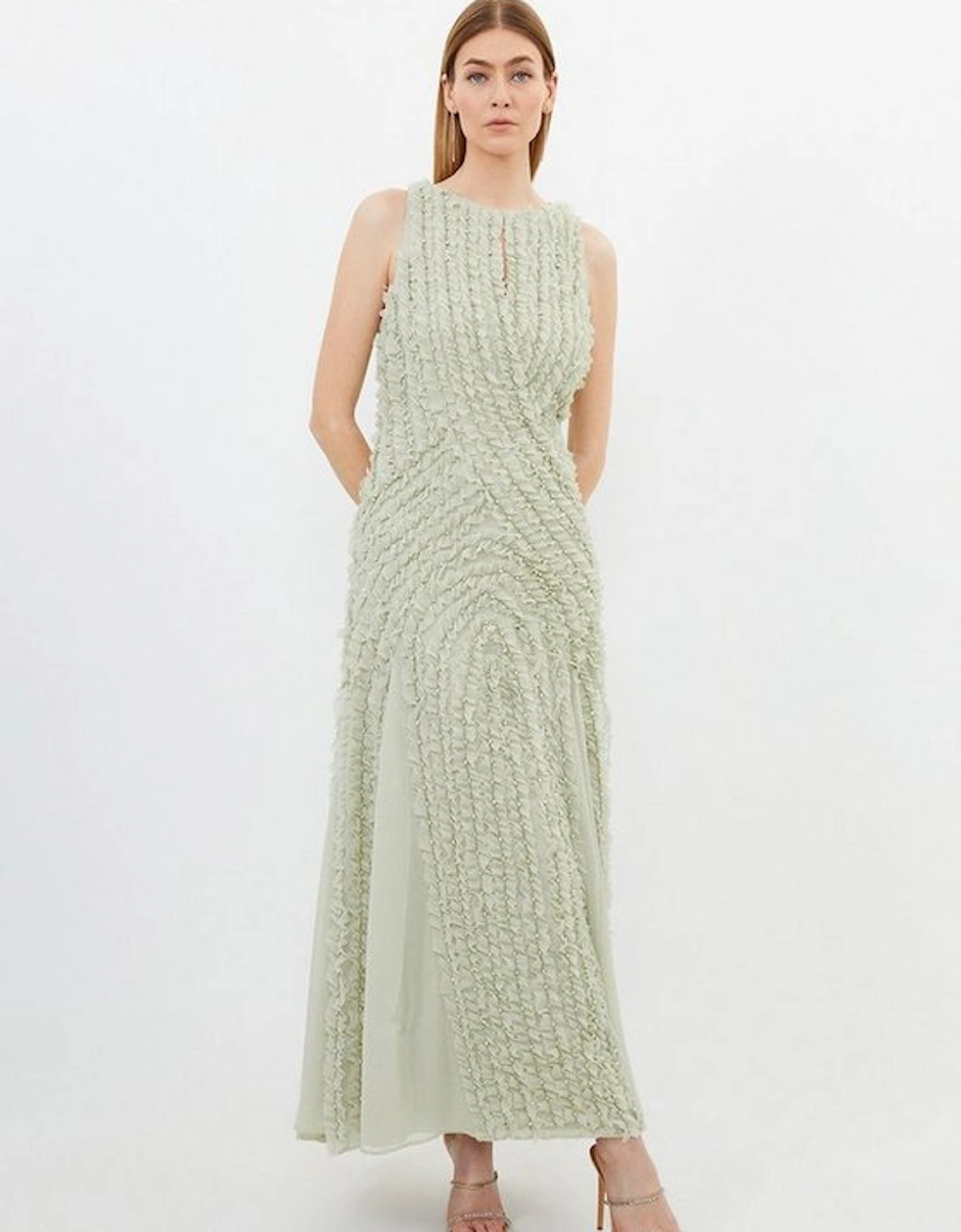 Embellished Ruffle Keyhole Cutout Woven Maxi Dress