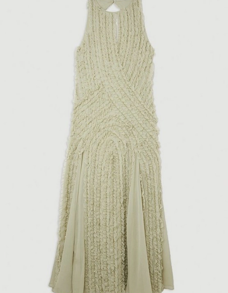 Embellished Ruffle Keyhole Cutout Woven Maxi Dress