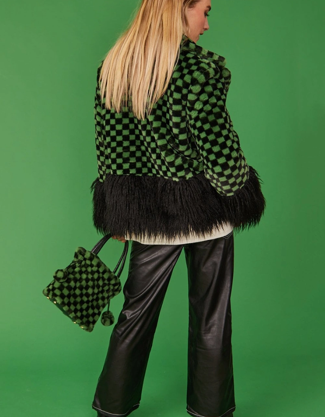 Faux Fur Checked Coat with Mongolian Fur Trim and Cuffs