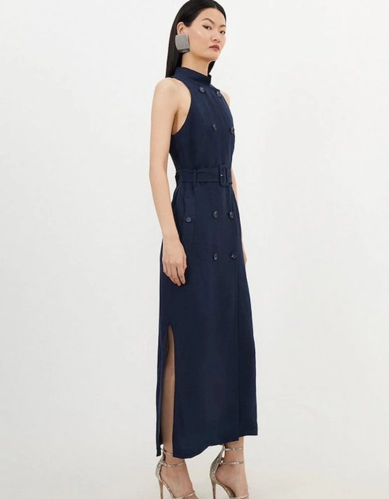 Premium Tailored Linen Double Breasted Belted Midi Dress