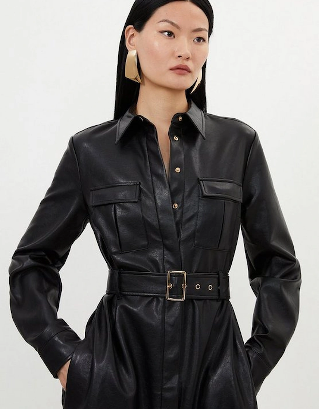 Faux Leather Belted Maxi Shirt Dress