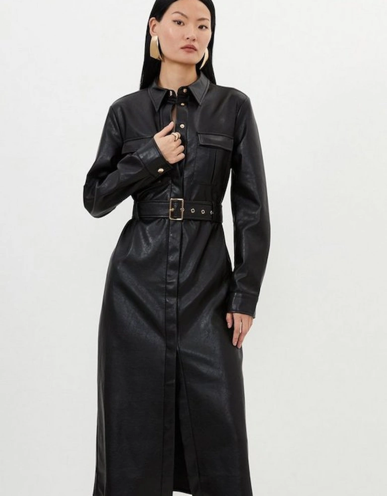 Faux Leather Belted Maxi Shirt Dress