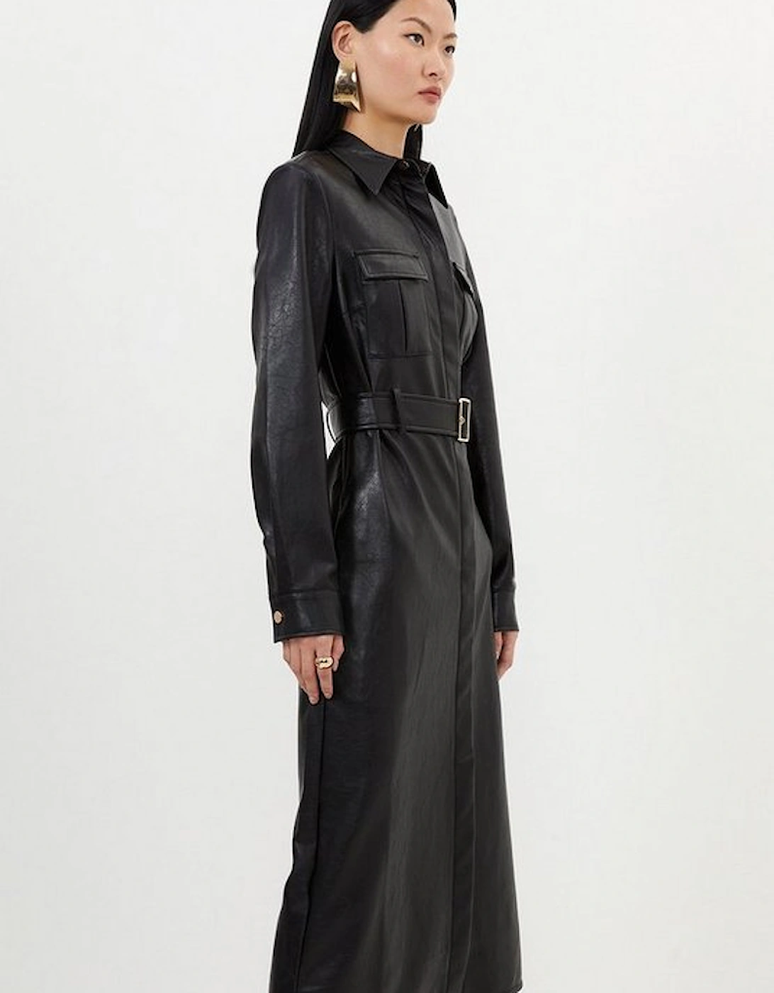Faux Leather Belted Maxi Shirt Dress