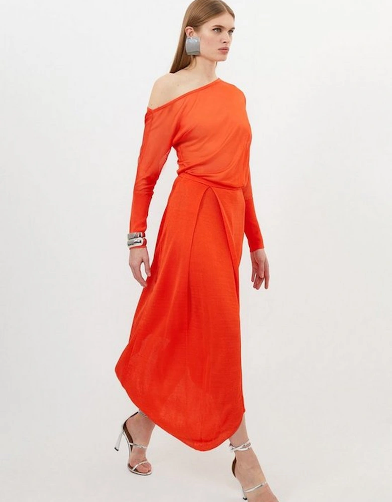 Slinky Viscose Blend Off Shoulder Asymmetric Midaxi Dress