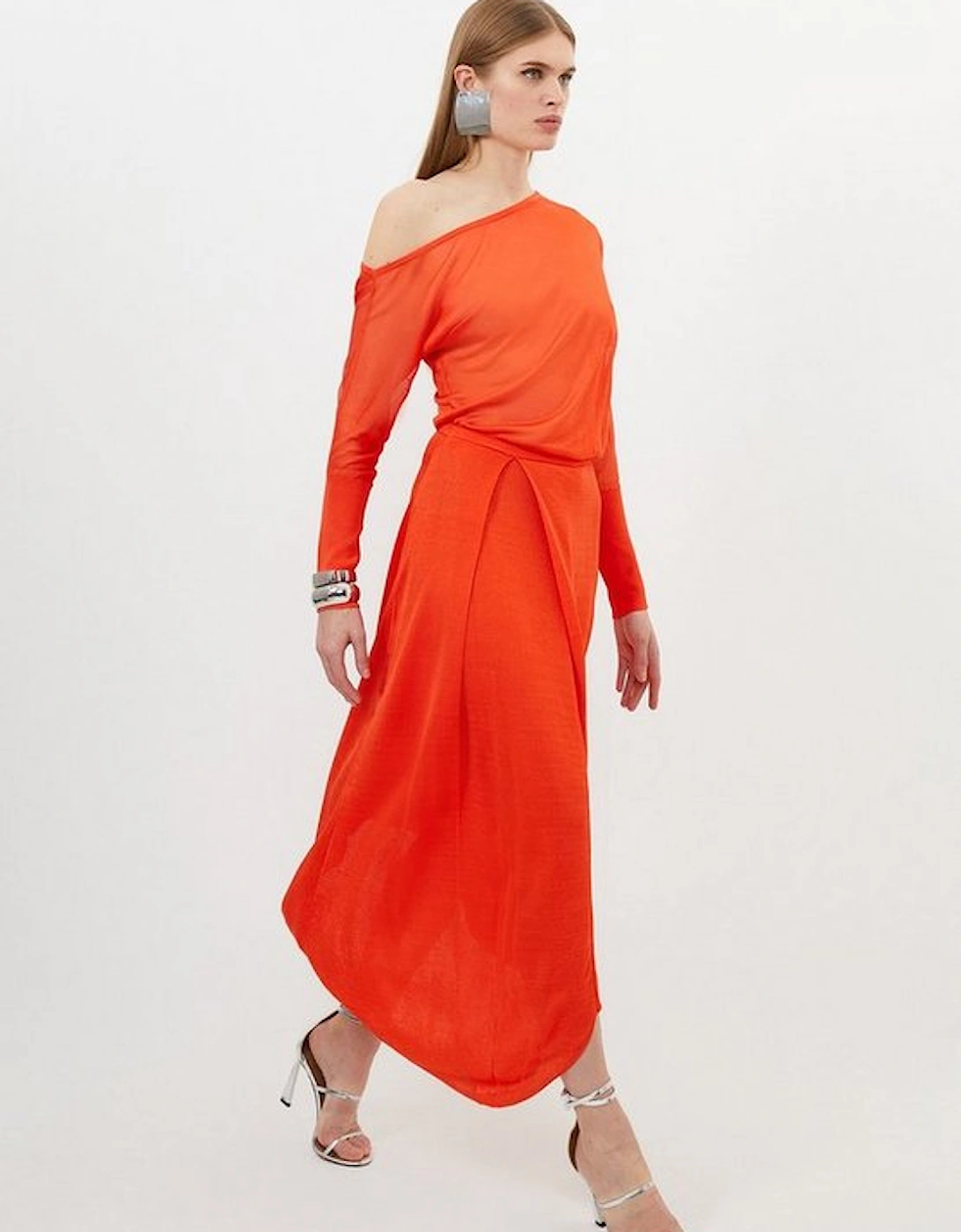 Slinky Viscose Blend Off Shoulder Asymmetric Midaxi Dress, 5 of 4