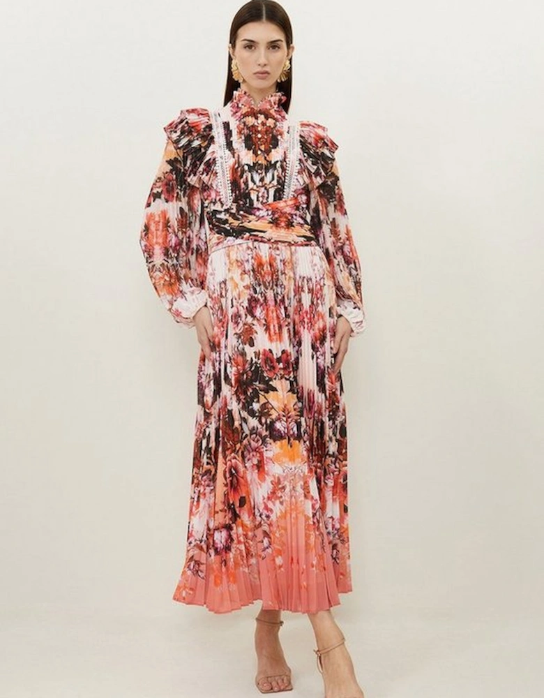 Mirrored Floral Print Pleated Woven Maxi Dress