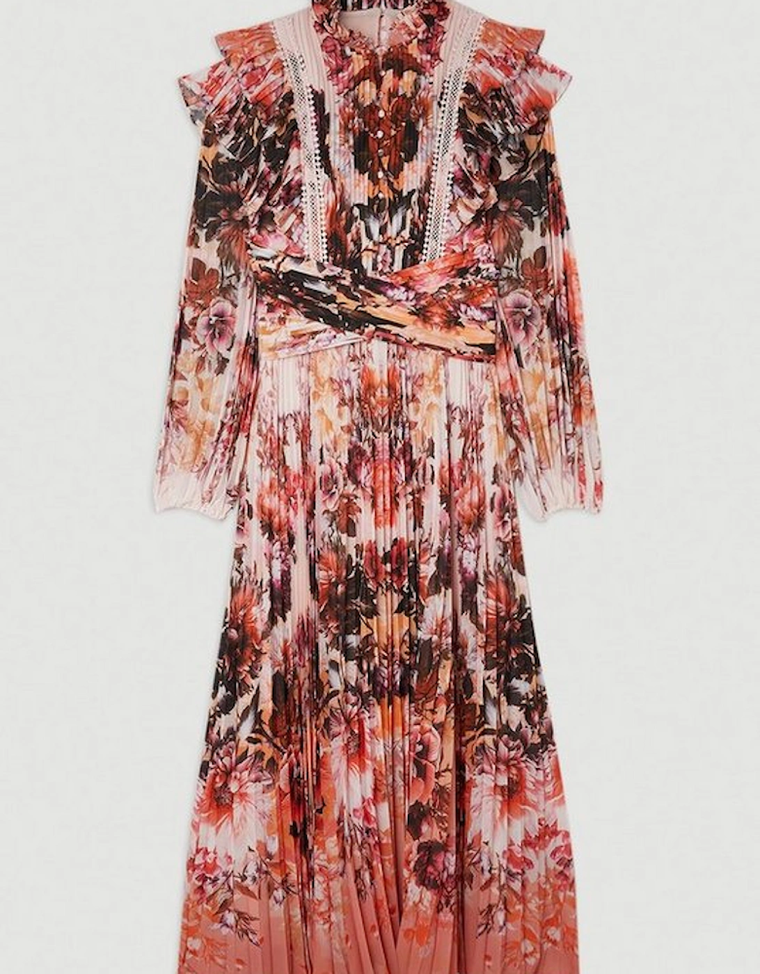 Mirrored Floral Print Pleated Woven Maxi Dress