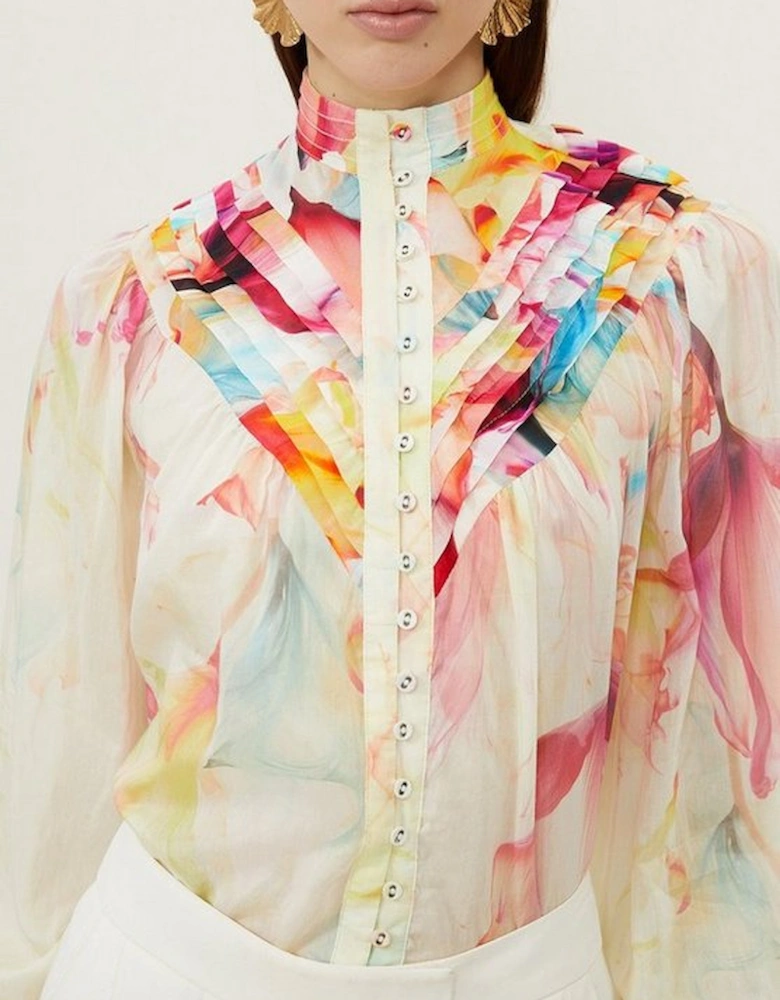 Ombre Floral Silk Cotton Button Down Blouse