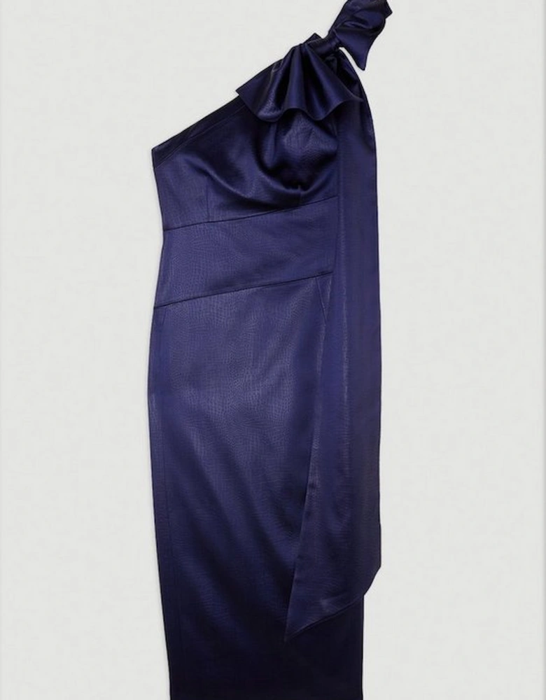 Italian Textured Satin Drape Shoulder Tailored Midi Dress