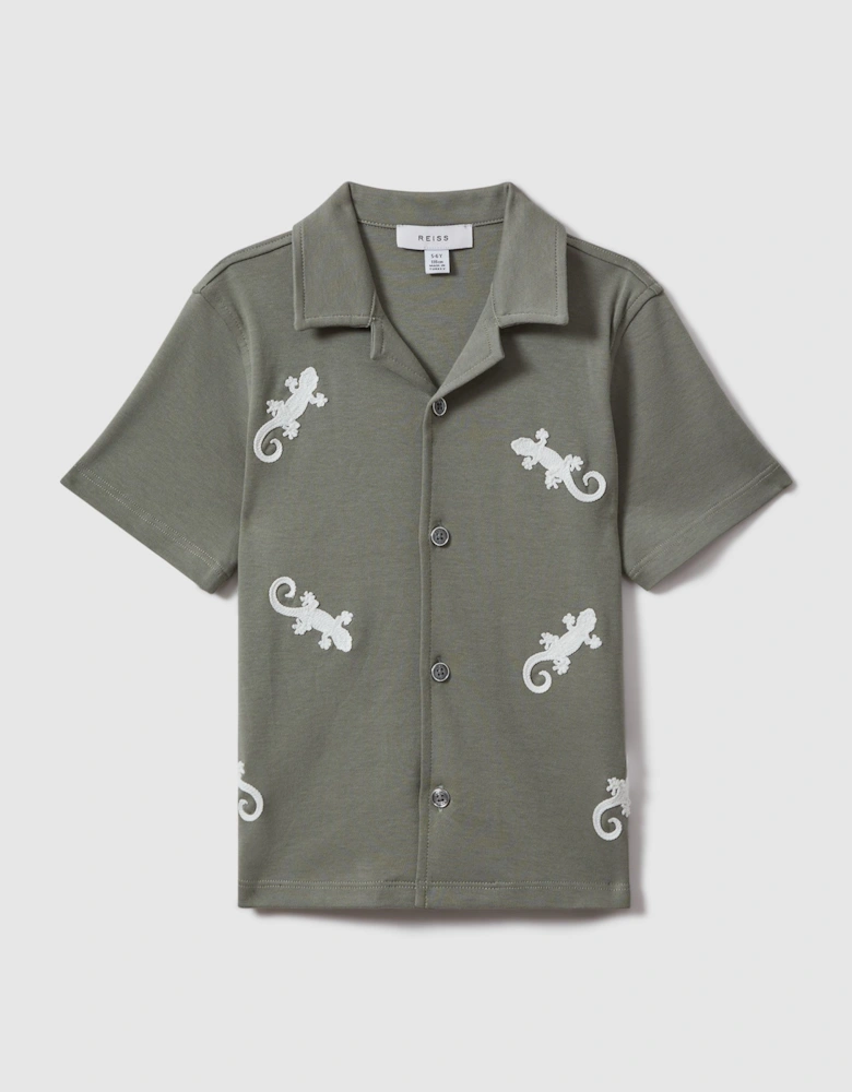 Cotton Reptile Patch Cuban Collar Shirt