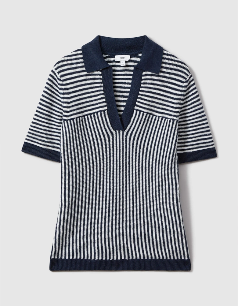 Linen Blend Open Collar Striped Polo Shirt