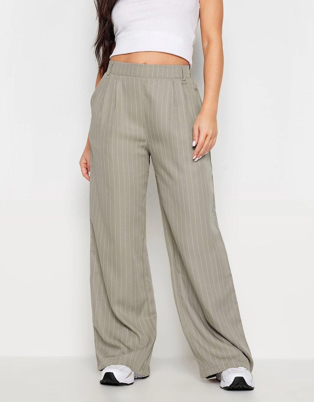 Petite Taupe Pinstripe Wide Leg Trousers, 2 of 1
