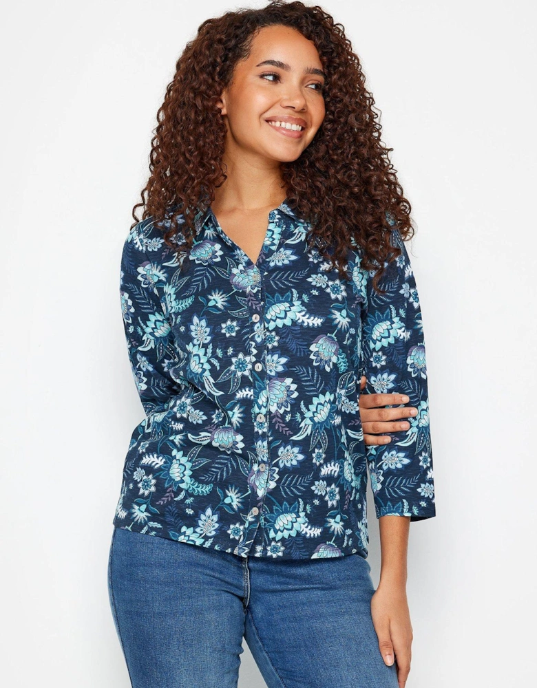 Navy Floral Print Cotton Collared Shirt