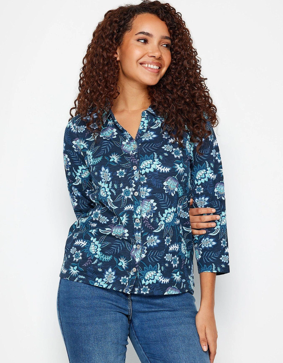 Navy Floral Print Cotton Collared Shirt, 2 of 1