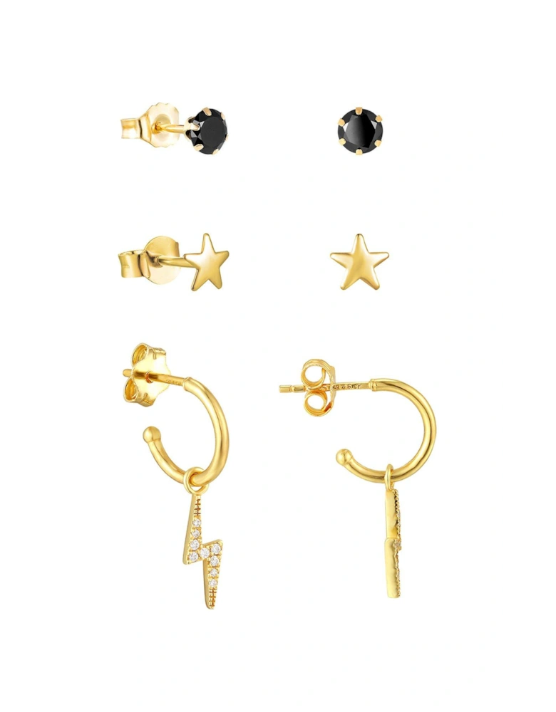18ct Gold Plated CZ Lightning Bolt Hoop, Star Stud and 3mm Black Stud Earrings