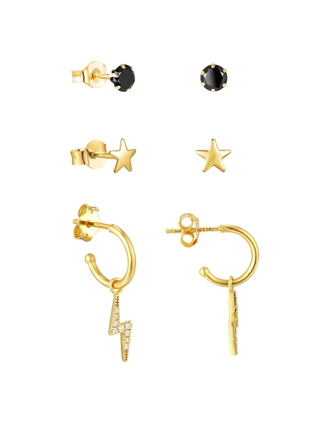 18ct Gold Plated CZ Lightning Bolt Hoop, Star Stud and 3mm Black Stud Earrings, 3 of 2