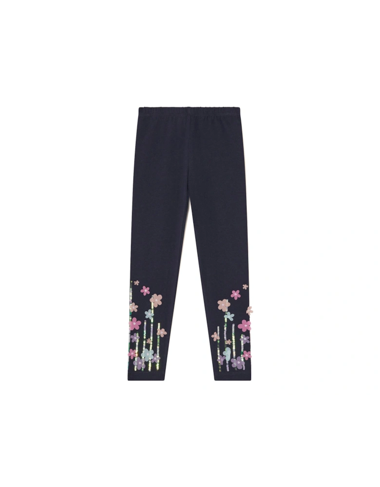 Girls Floral Embellished Leggings - Navy