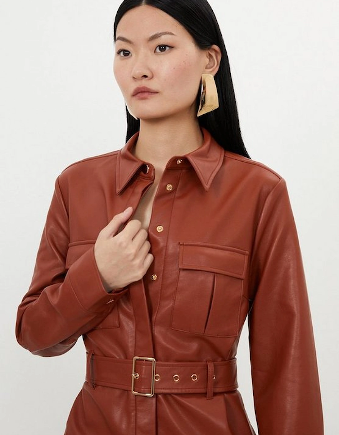 Faux Leather Belted Midi Shirt Dress