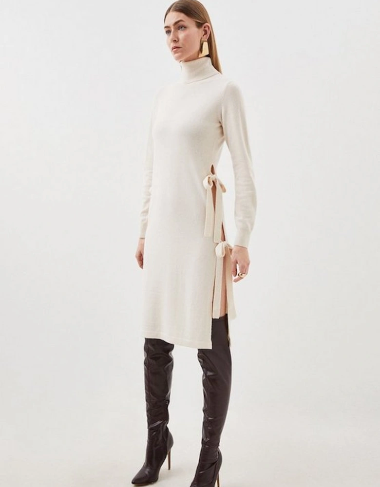 Cashmere Wool Funnel Neck Bow Detail Knit Tunic