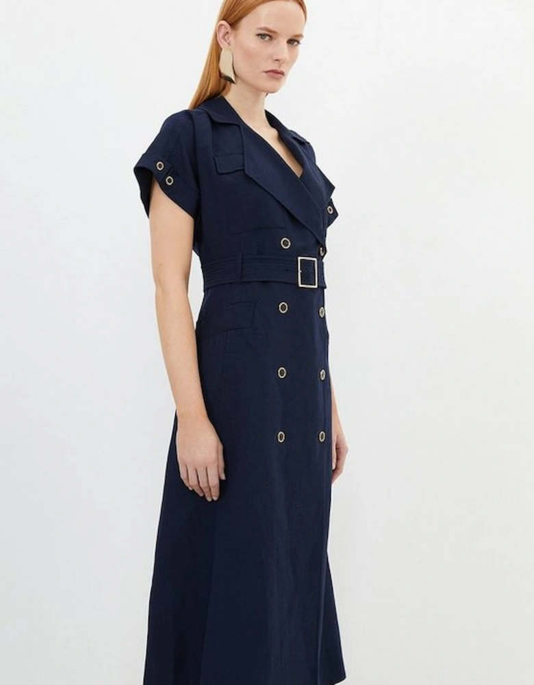 Premium Tailored Linen Viscose Double Breasted Belted Midi Shirt Dress