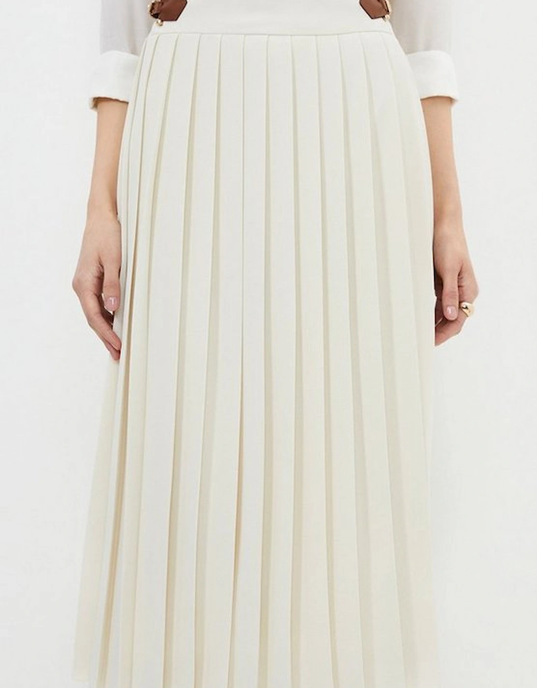 Soft Tailored Crepe Tab Detail Pleated Midi Skirt