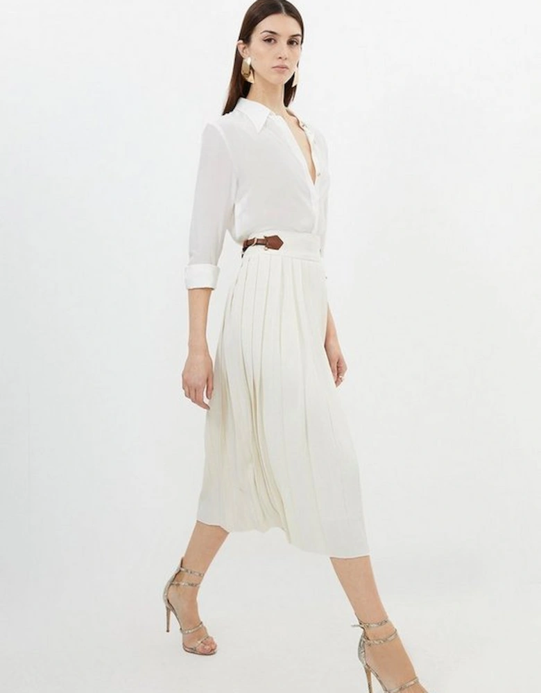 Soft Tailored Crepe Tab Detail Pleated Midi Skirt