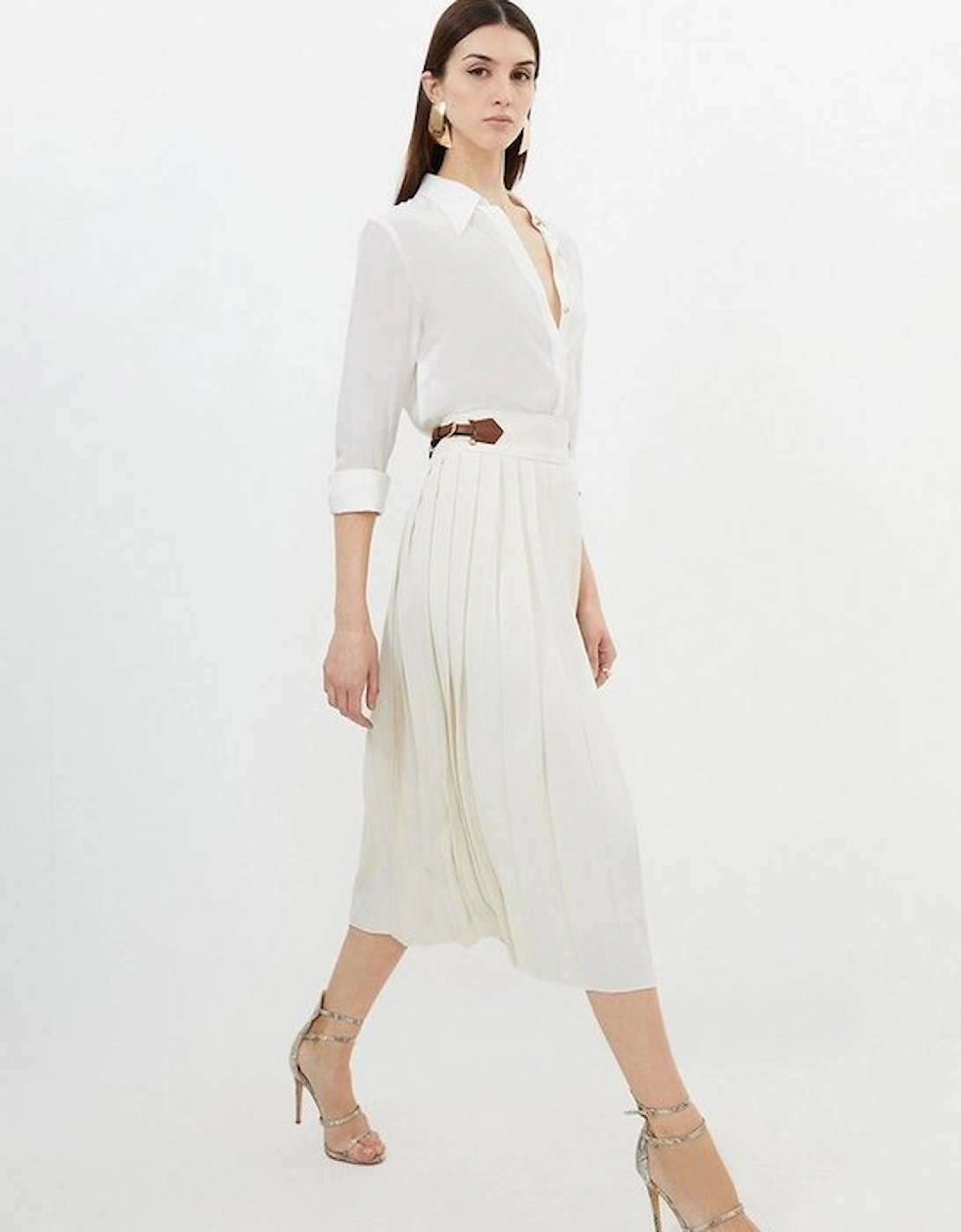 Soft Tailored Crepe Tab Detail Pleated Midi Skirt, 5 of 4