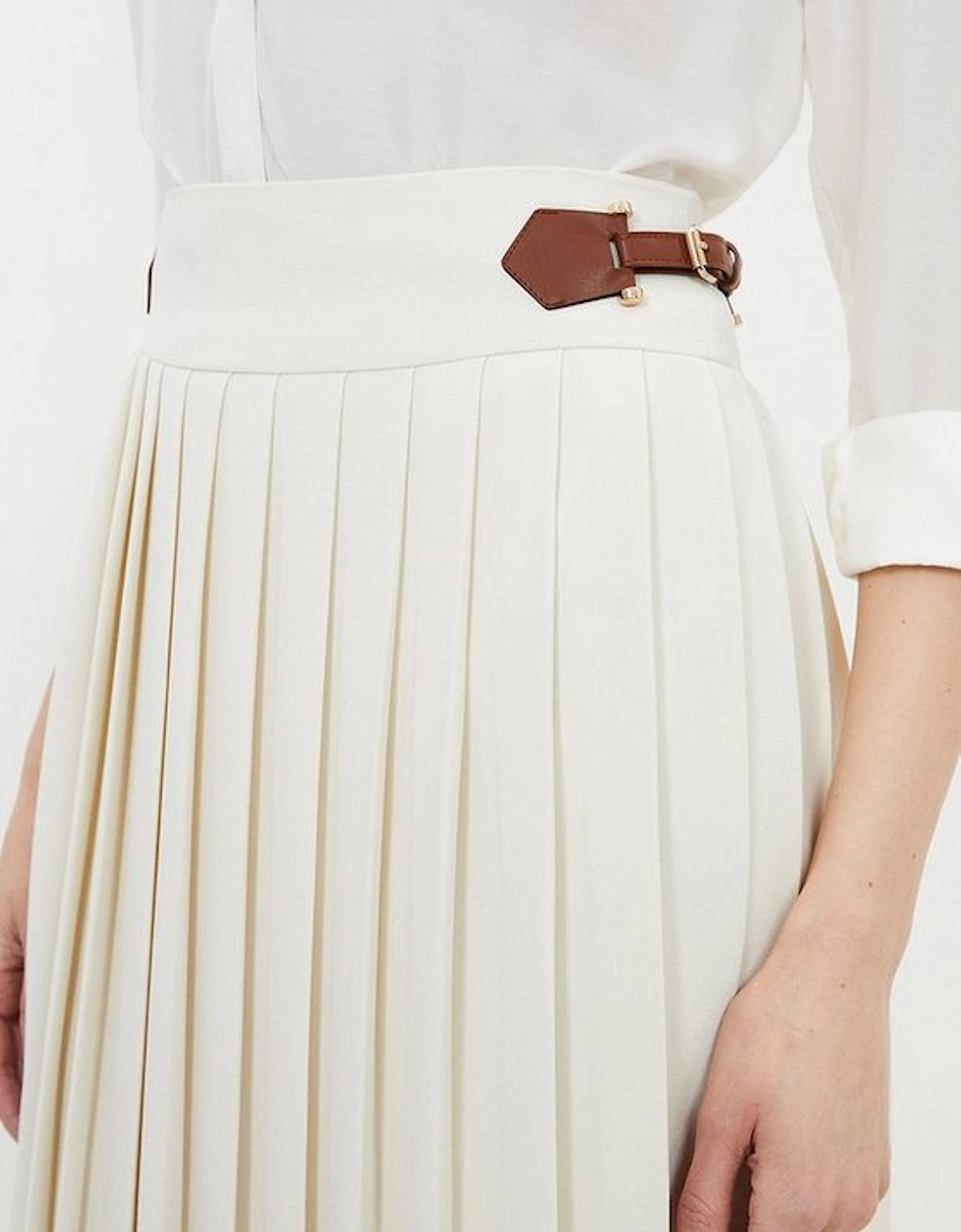 Soft Tailored Crepe Tab Detail Pleated Midi Skirt