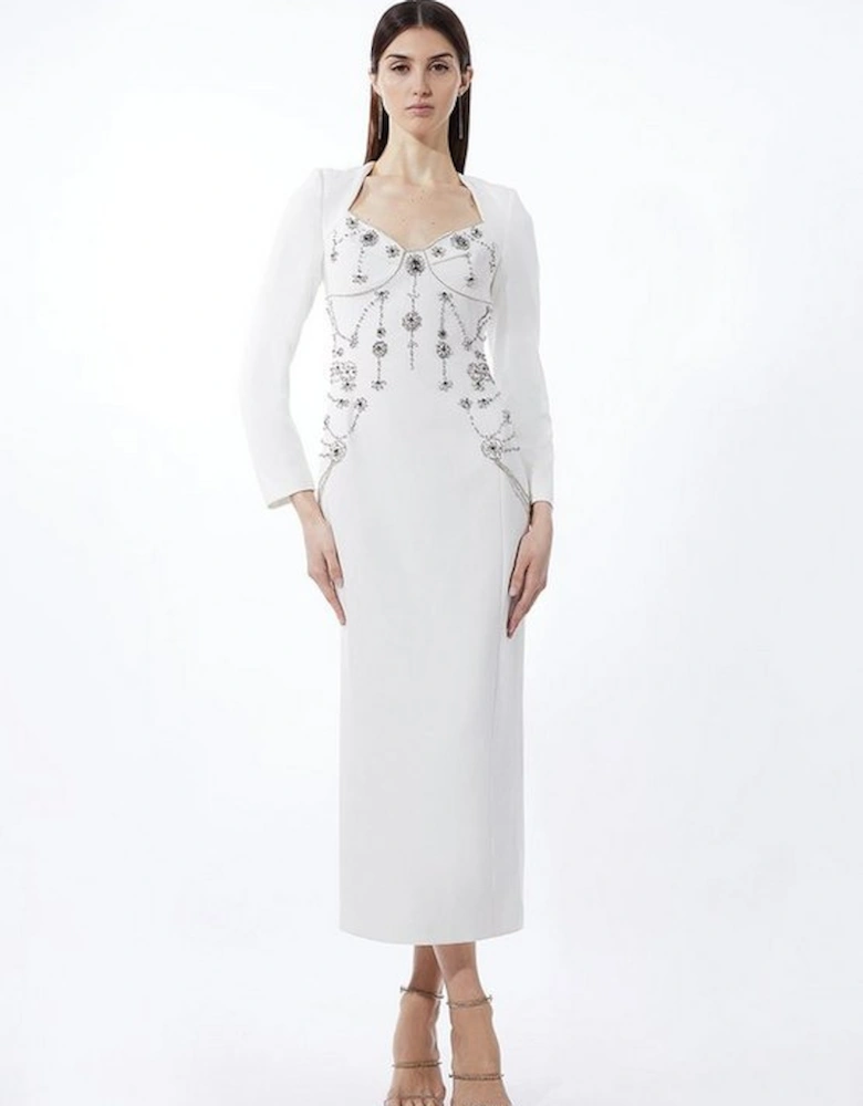 Crystal Embellished Sleeved Woven Midi Dress