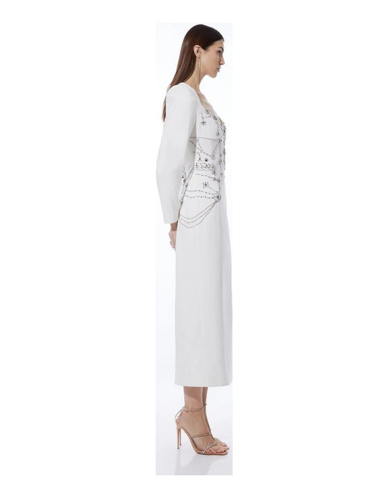 Crystal Embellished Sleeved Woven Midi Dress
