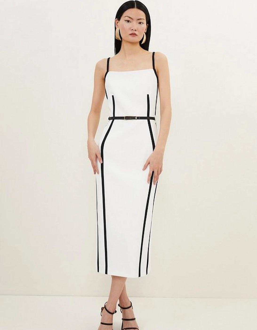 Compact Stretch Contrast Tailored Belted Midi Dress, 5 of 4