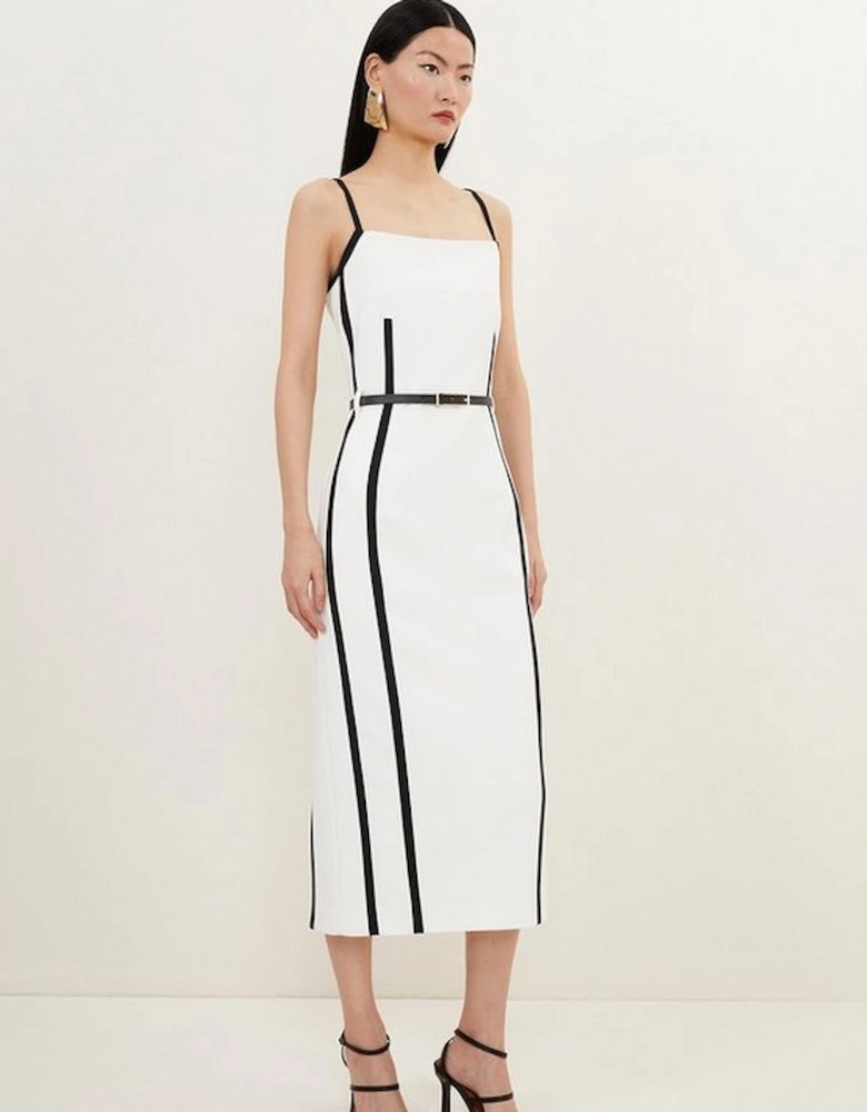 Compact Stretch Contrast Tailored Belted Midi Dress