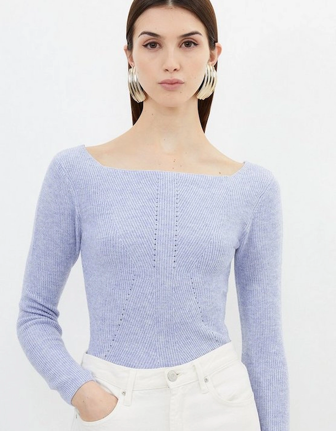 Premium Wool Blend Fashioned Rib Knit Square Neck Knit Top, 5 of 4