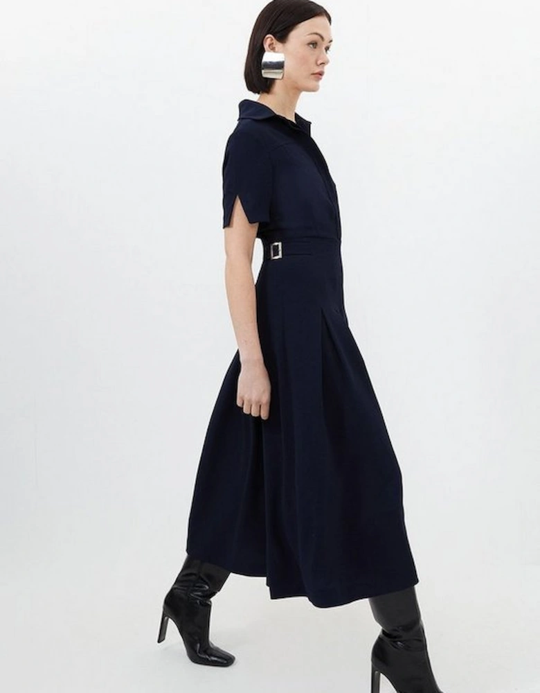 Tailored Crepe Short Sleeve Pleated Midi Dress