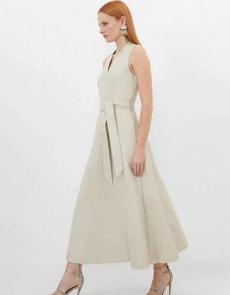 Faux Leather Notch Neck Belted Full Skirt Maxi Dress
