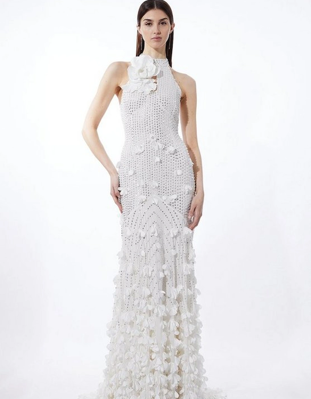 Floral Applique Crystal Embellished Woven Maxi Rosette Maxi Dress