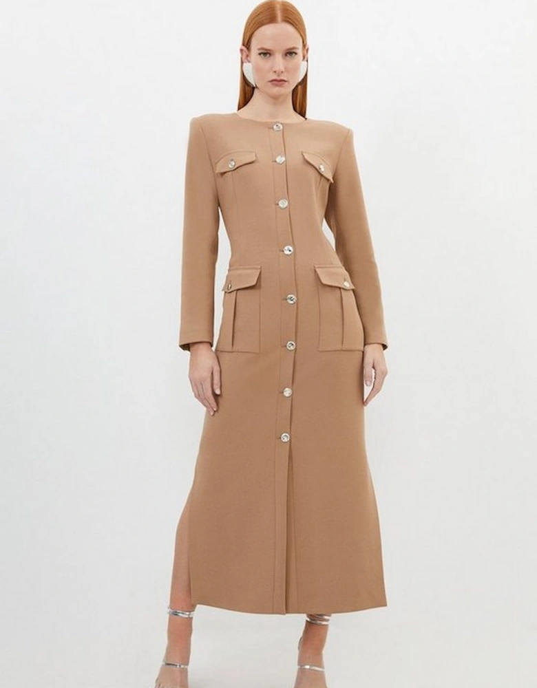 Tailored Compact Stretch Button Through Midi Dress