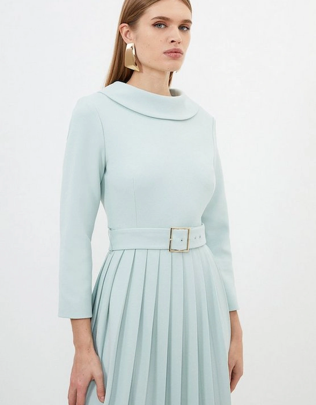 Petite Tailored Structured Crepe Pleated Midi Dress