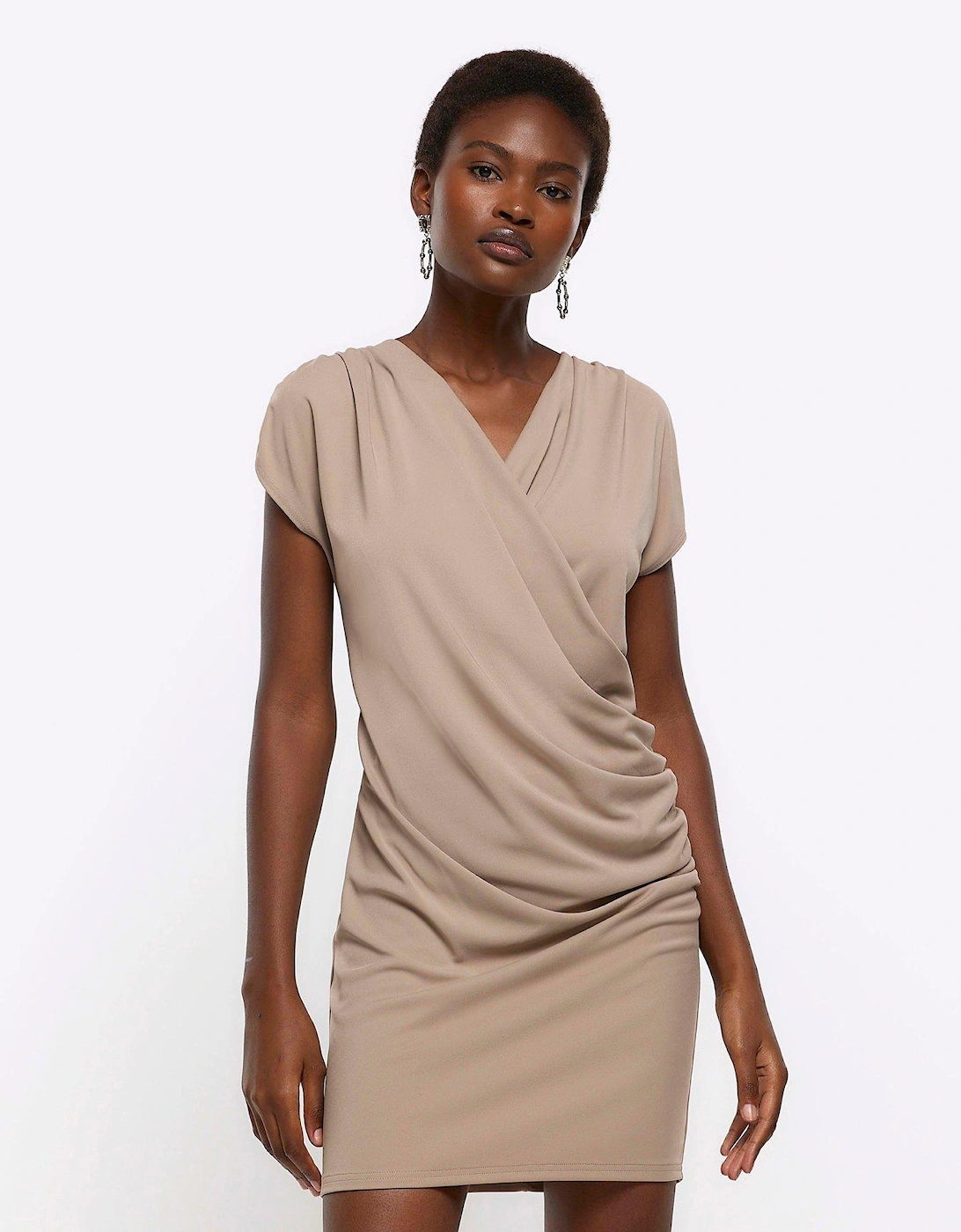Ruched Draped Mini Dress - Light Brown, 6 of 5
