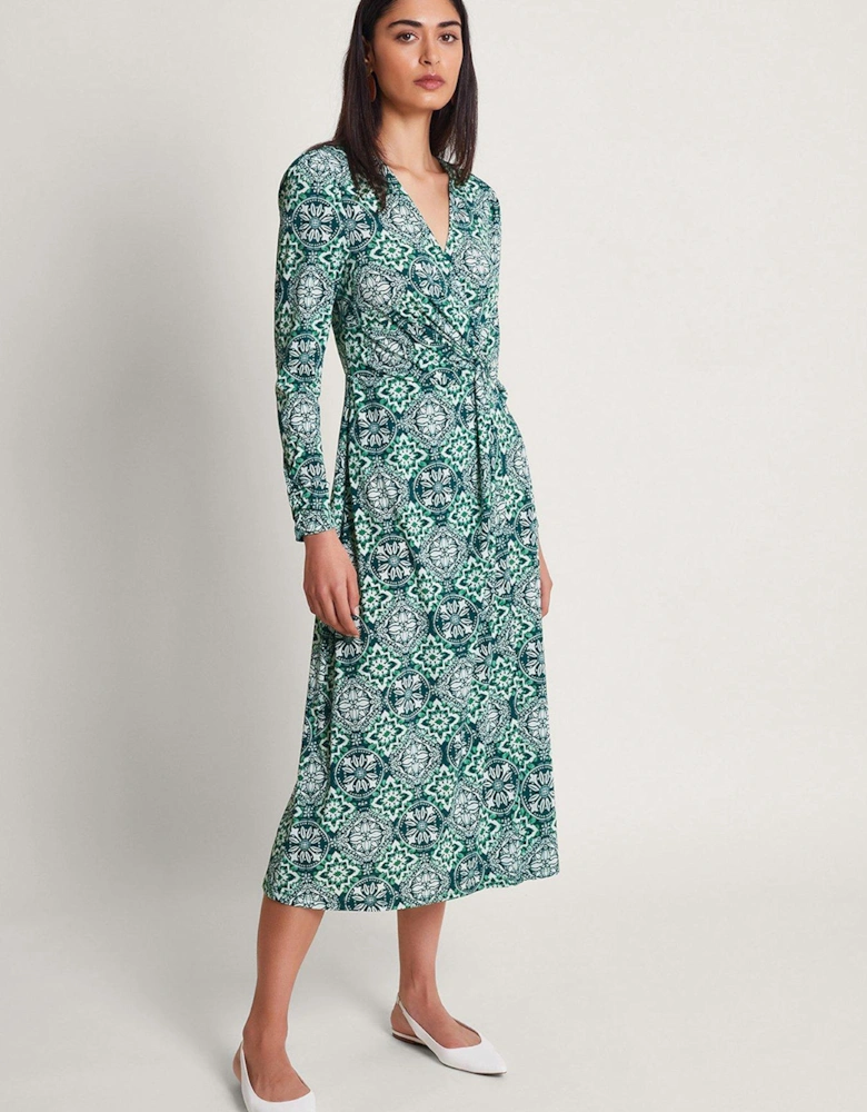 Kit Print Wrap Dress - Green