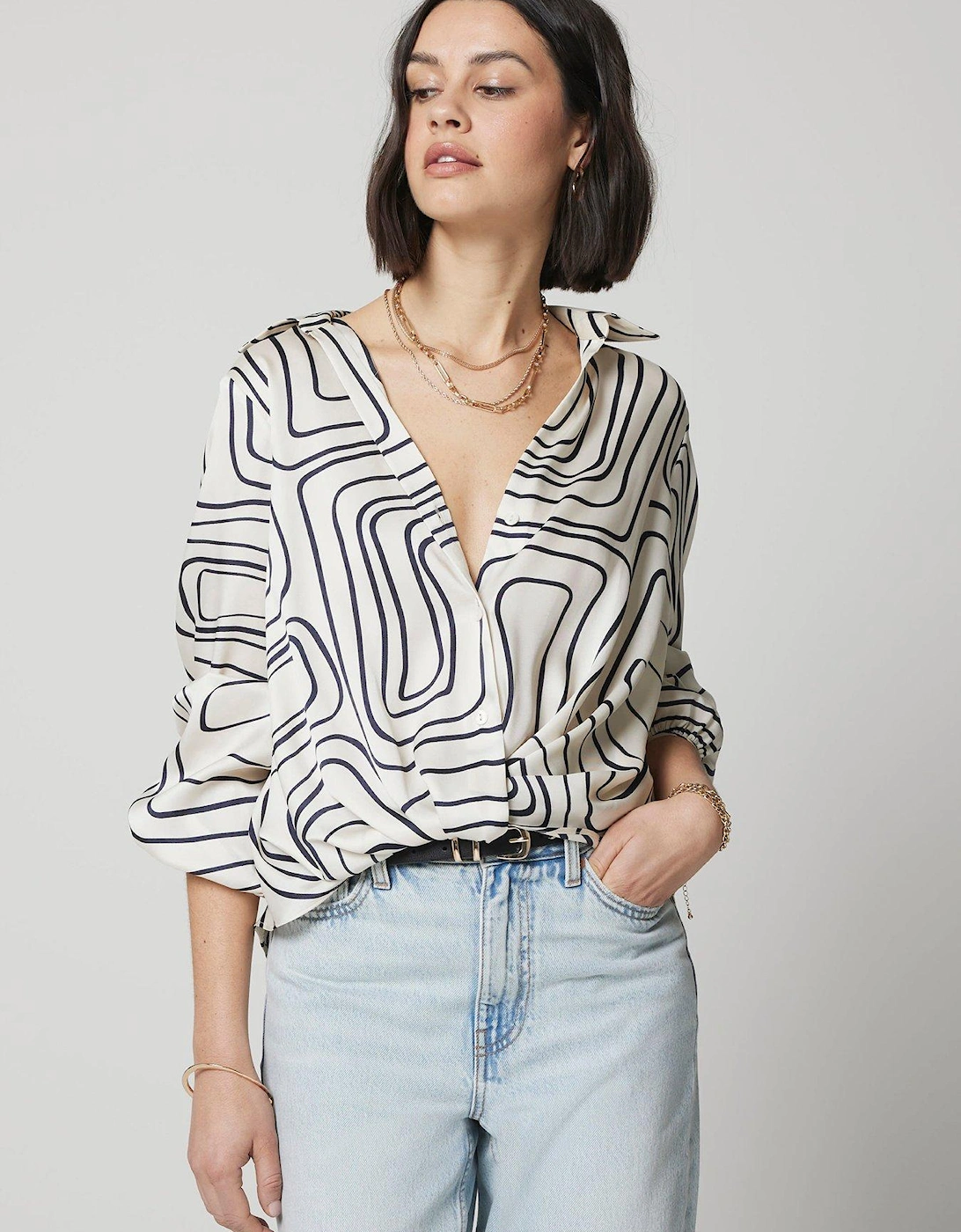 Abstract Print Wrap Shirt - Cream, 6 of 5