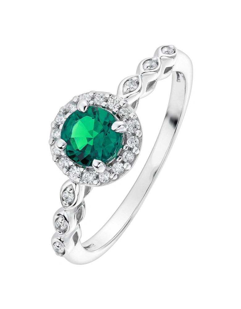 Arrosa 9ct White Gold 5mm Created Emerald and 0.10ct Diamond Ring