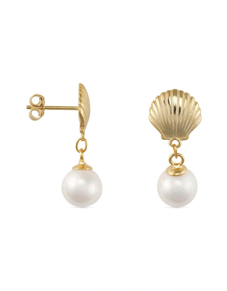 18K Gold Shell Pearl Mermaid Stud Earrings - Gold