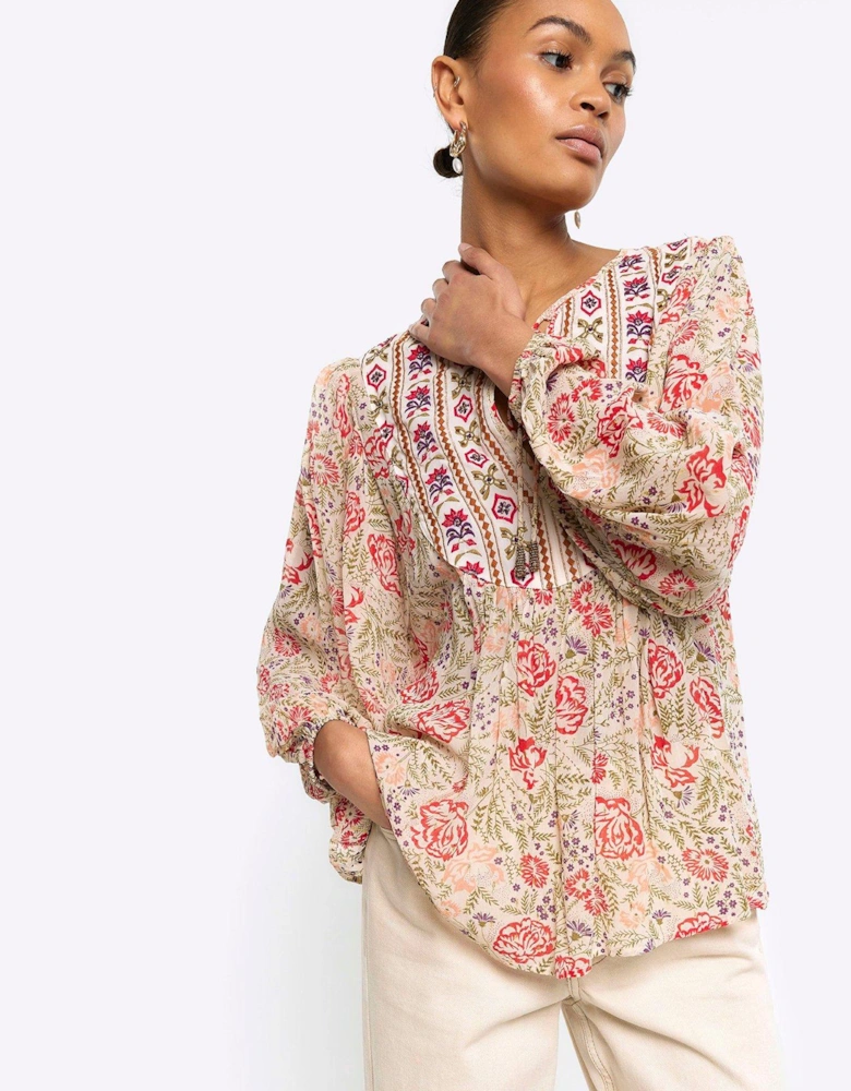 Floral Embroidered Smock Top - Cream