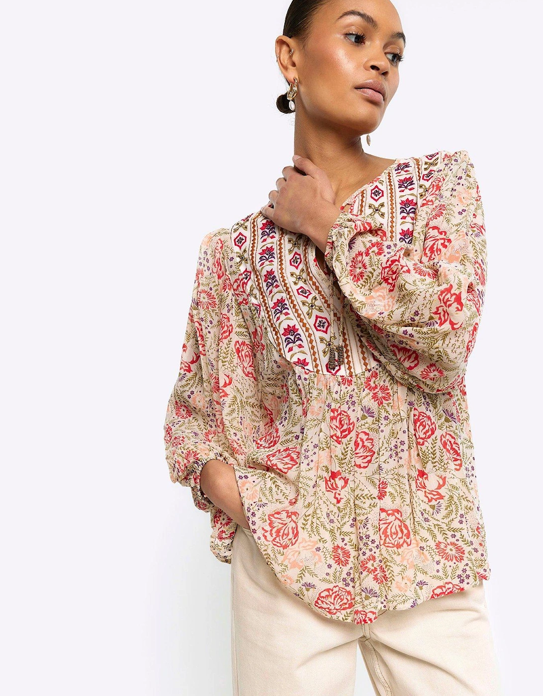 Floral Embroidered Smock Top - Cream, 3 of 2