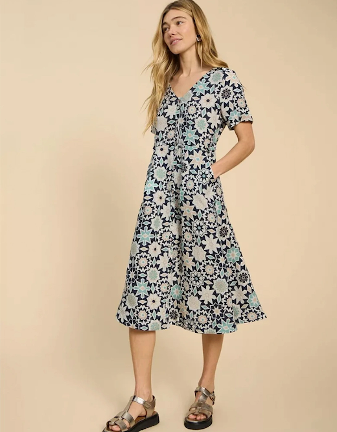 Women's Ivy Linen Midi Dress Regular Blue Print, 8 of 7
