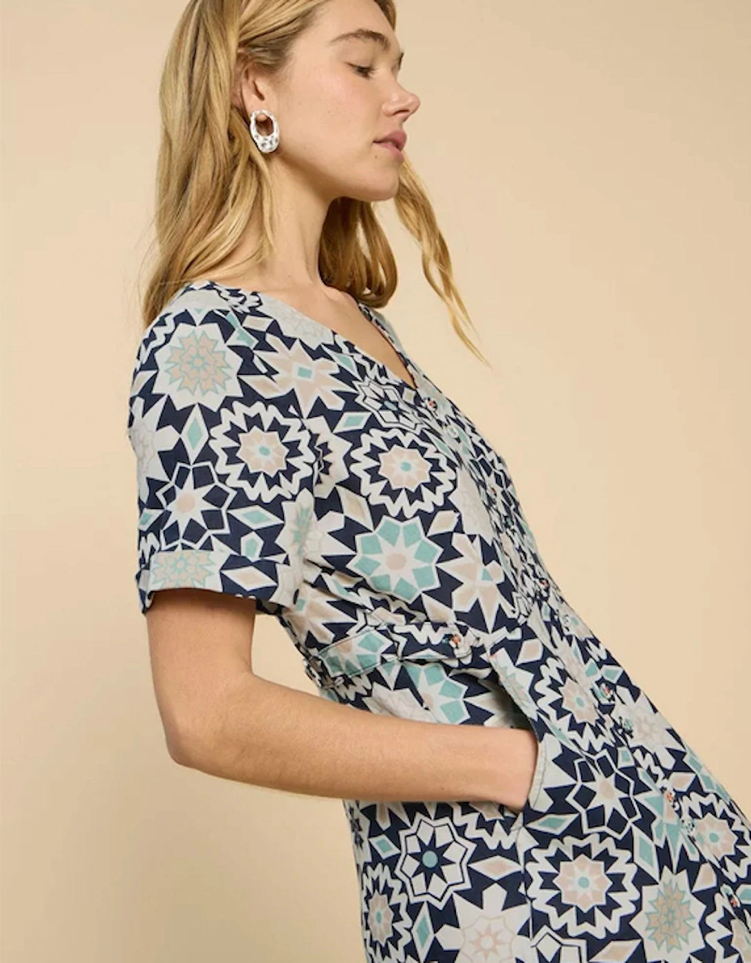 Women's Ivy Linen Midi Dress Petite Blue Print